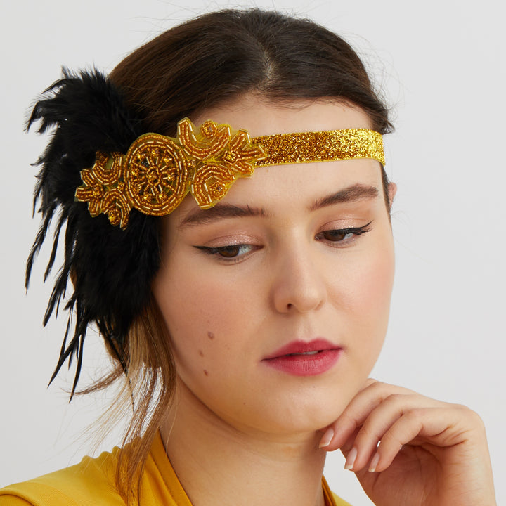 flapper headband in gold with beading and feathers hair up