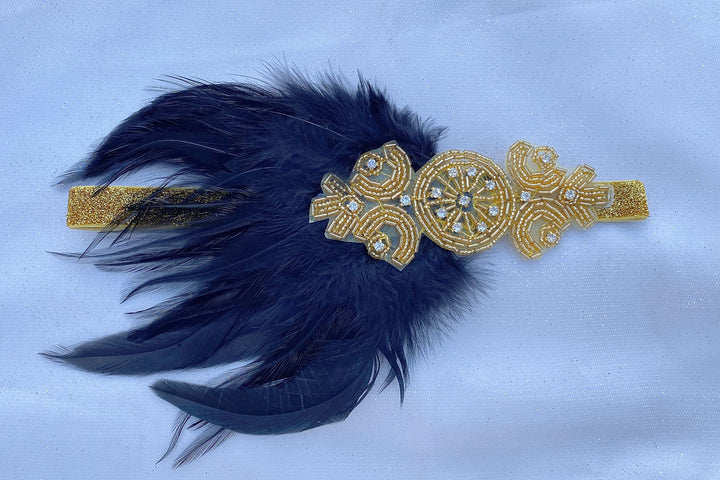 flapper headband gold beading feathers