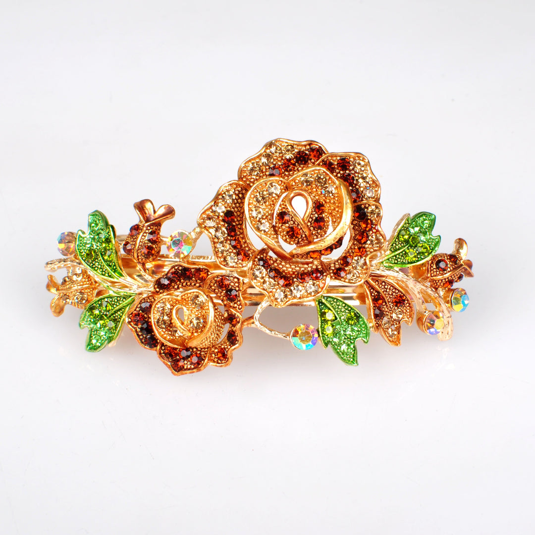 flower hair clip brown rose diamante gold