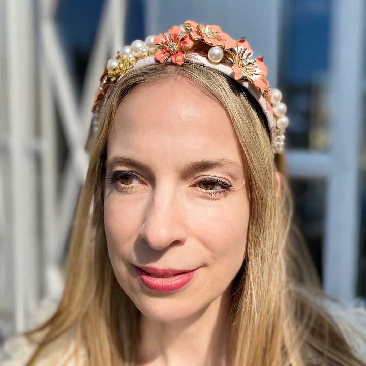 flower headband in coral with pearls for wedding guest with hair down