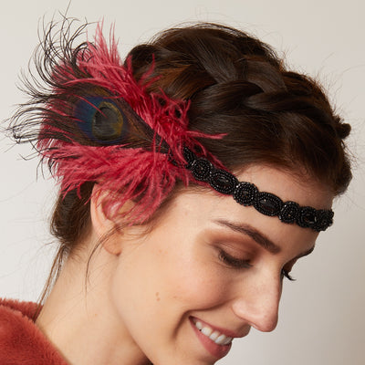 gatsby headband in red and black with beading hair up
