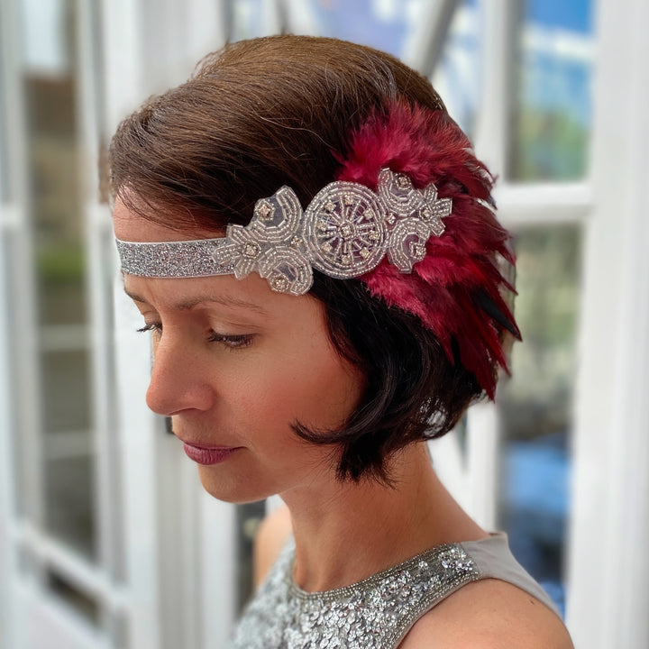 gatsby headpiece silver feather headband for flapper with bob haircut