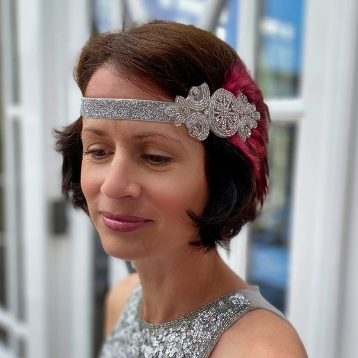 gatsby headpiece silver feather headband worn on short hair