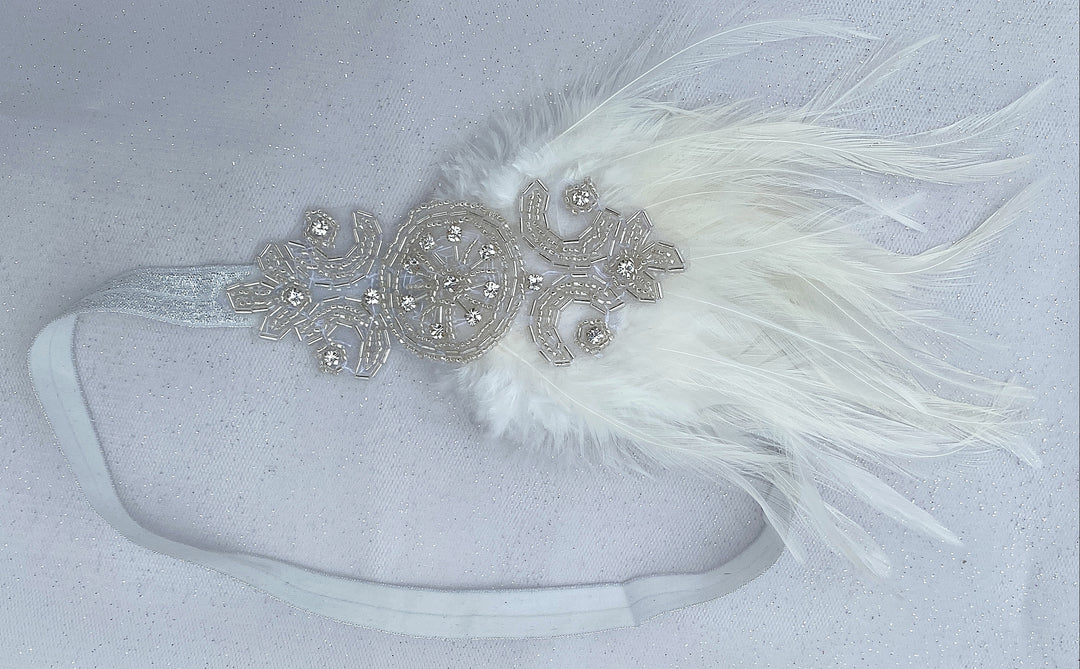 gatsby headpiece in silver and white elasticated