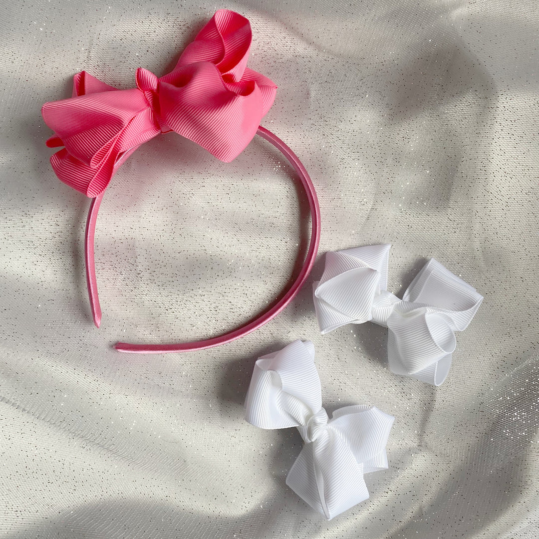 girls hair bow ribbon gift set in pink with headband