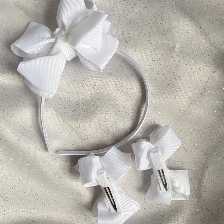 girls hair bow ribbon gift set in white with alligator clips