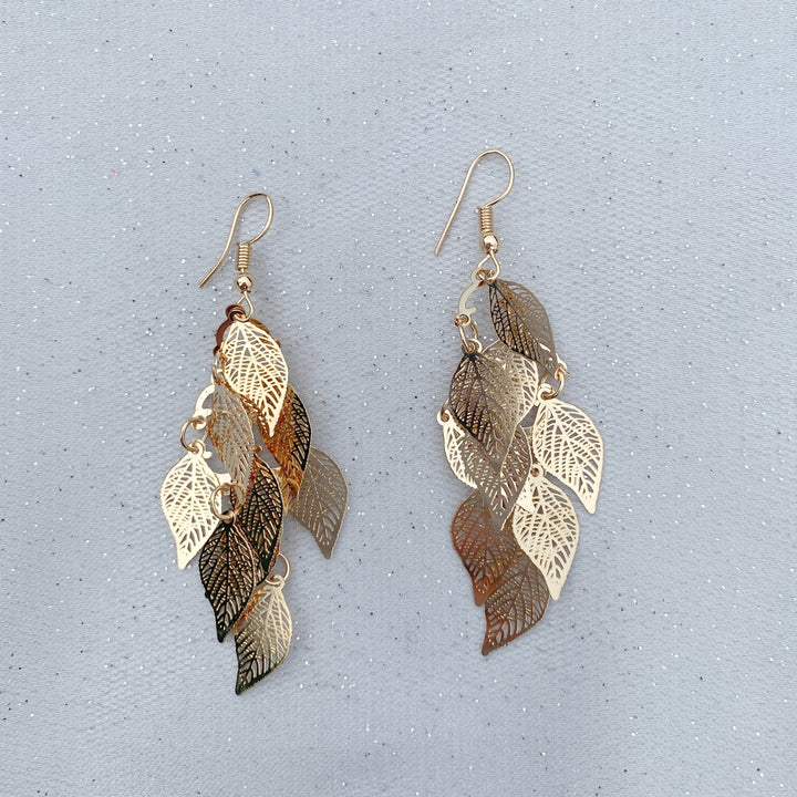 gold dangly earrings boho earrings leaf earrings