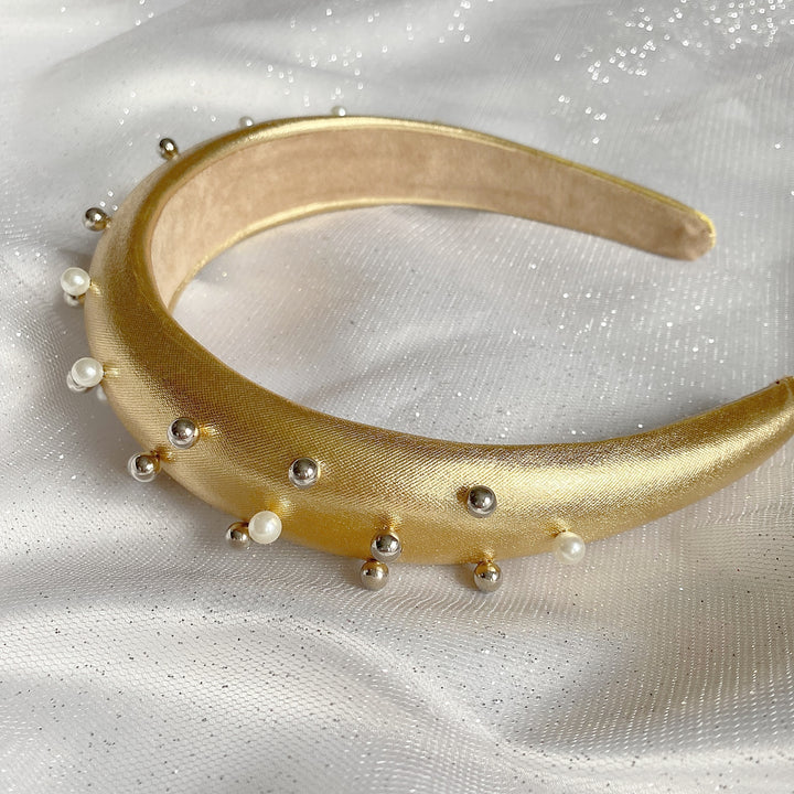 gold padded headband with pearls alice band