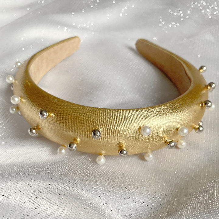 gold padded headband with pearls and silver