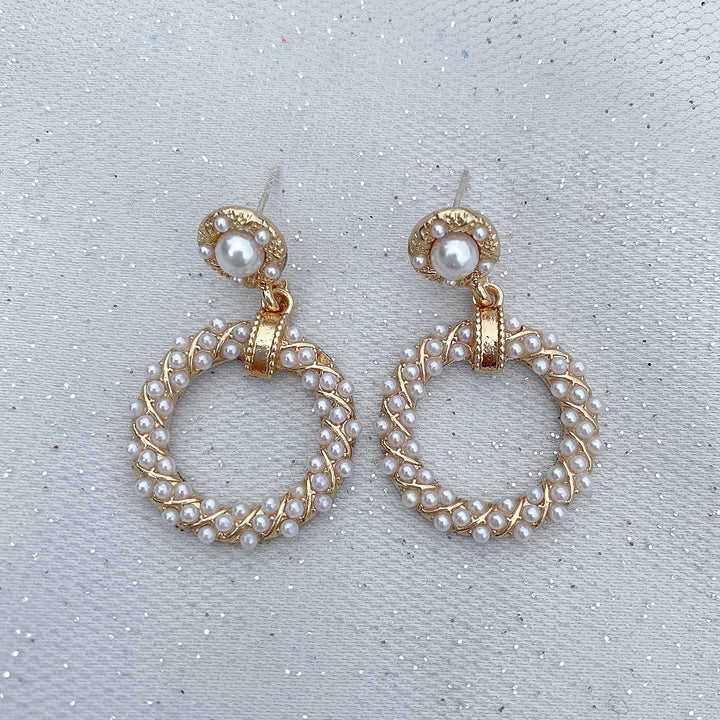 gold pearl earrings circular vintage inspired drop