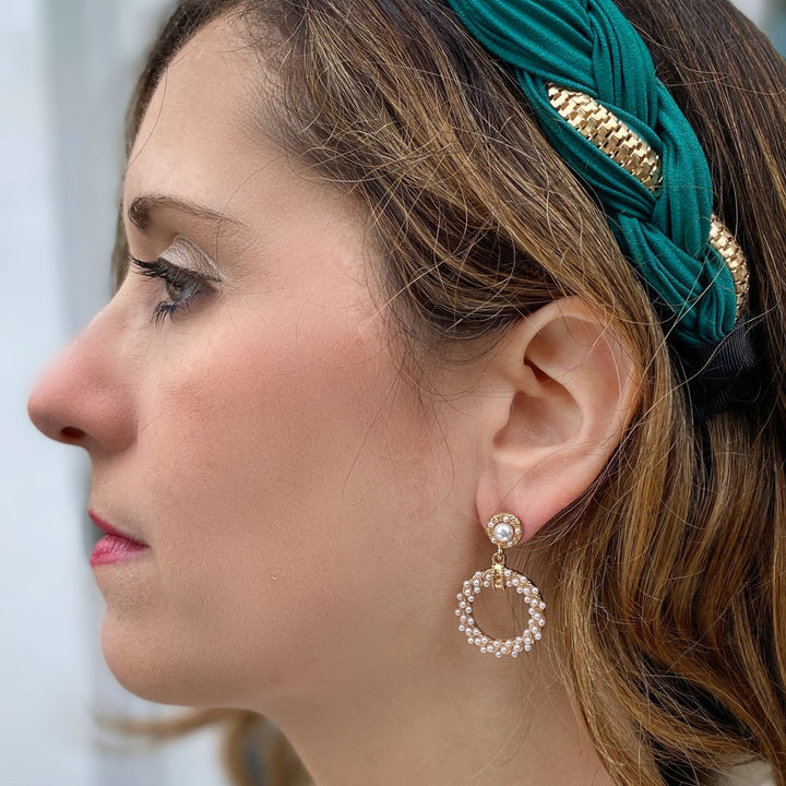 gold pearl earrings circular wedding guest earrings