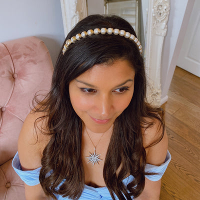 gold headband with large pearls for bridesmaid