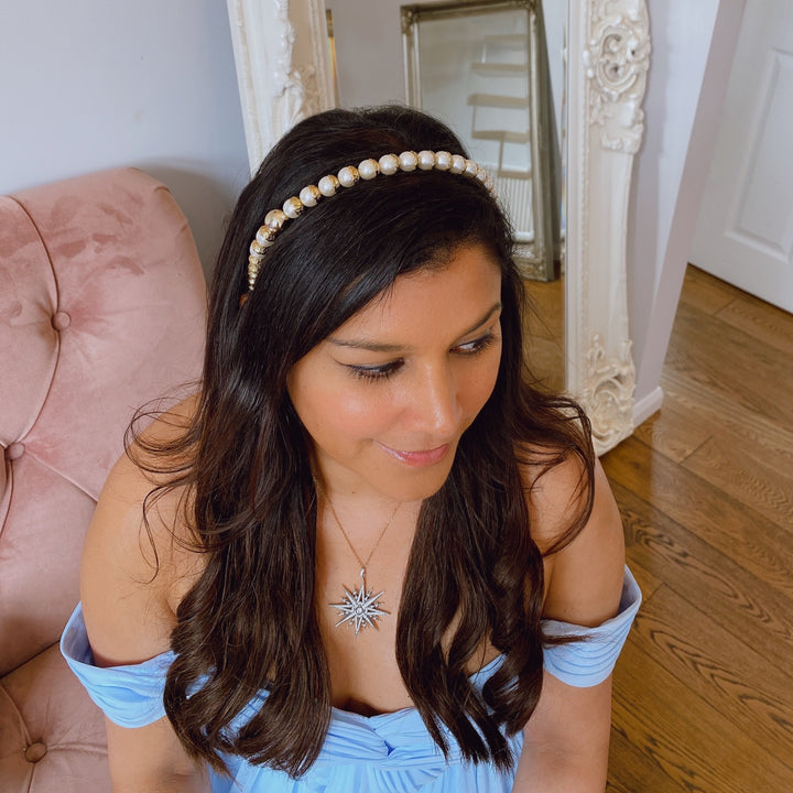 gold pearl headband with large pearls for wedding