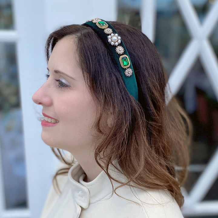 green velvet headband with pearls wedding guest headband