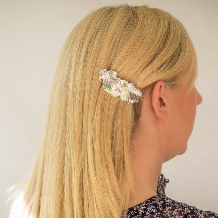 leaf hair barrette in silver worn with hair down