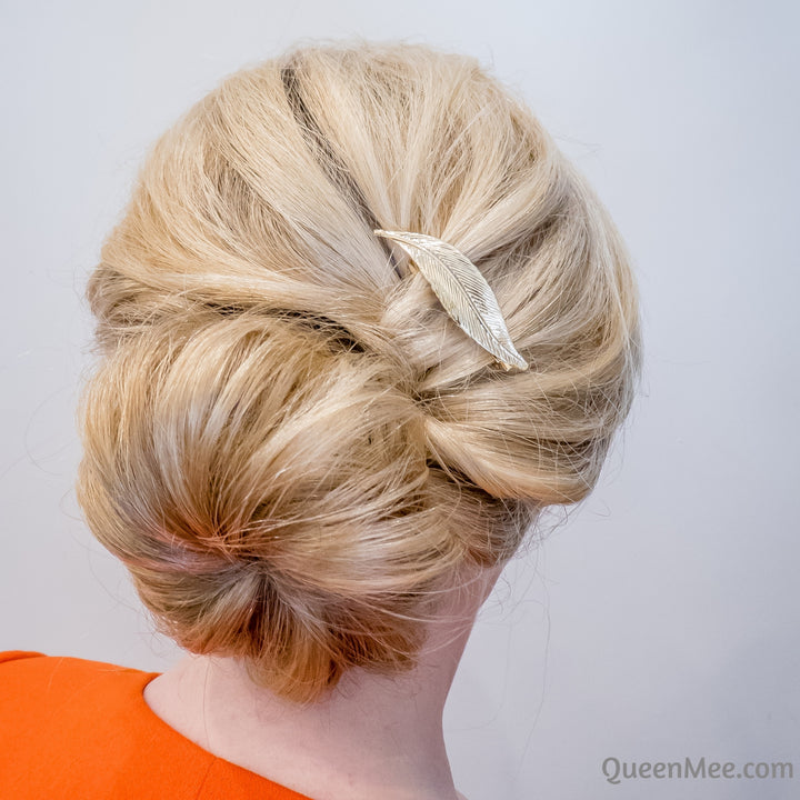 leaf hair clip in gold with bun updo