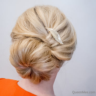 leaf hair clip in gold with bun updo