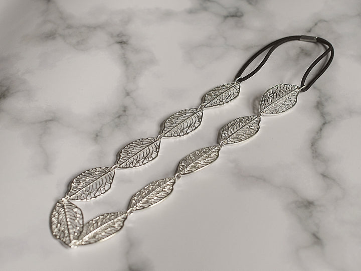 leaf headband with elastic in silver with filigree
