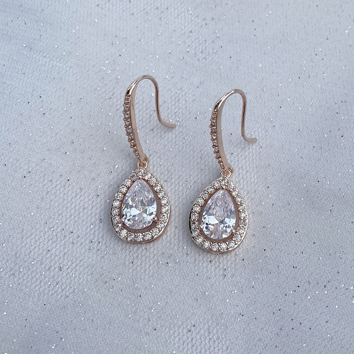 long drop earrings rose gold diamante