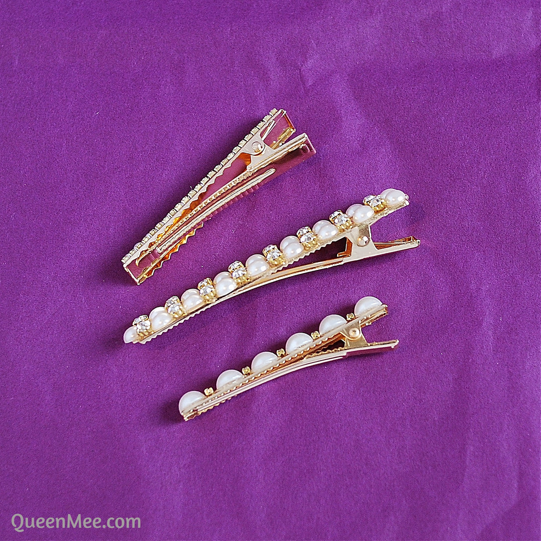 pearl clips gold diamante