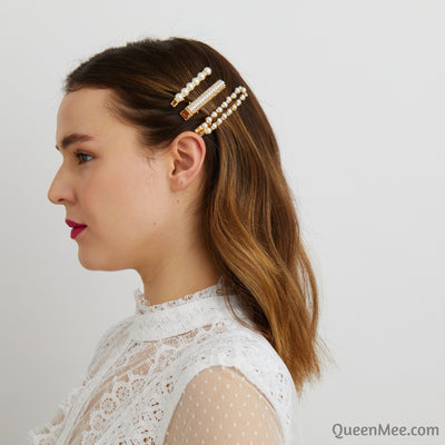 pearl clips in gold wedding hair