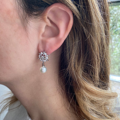 pearl drop earrings silver floral diamante