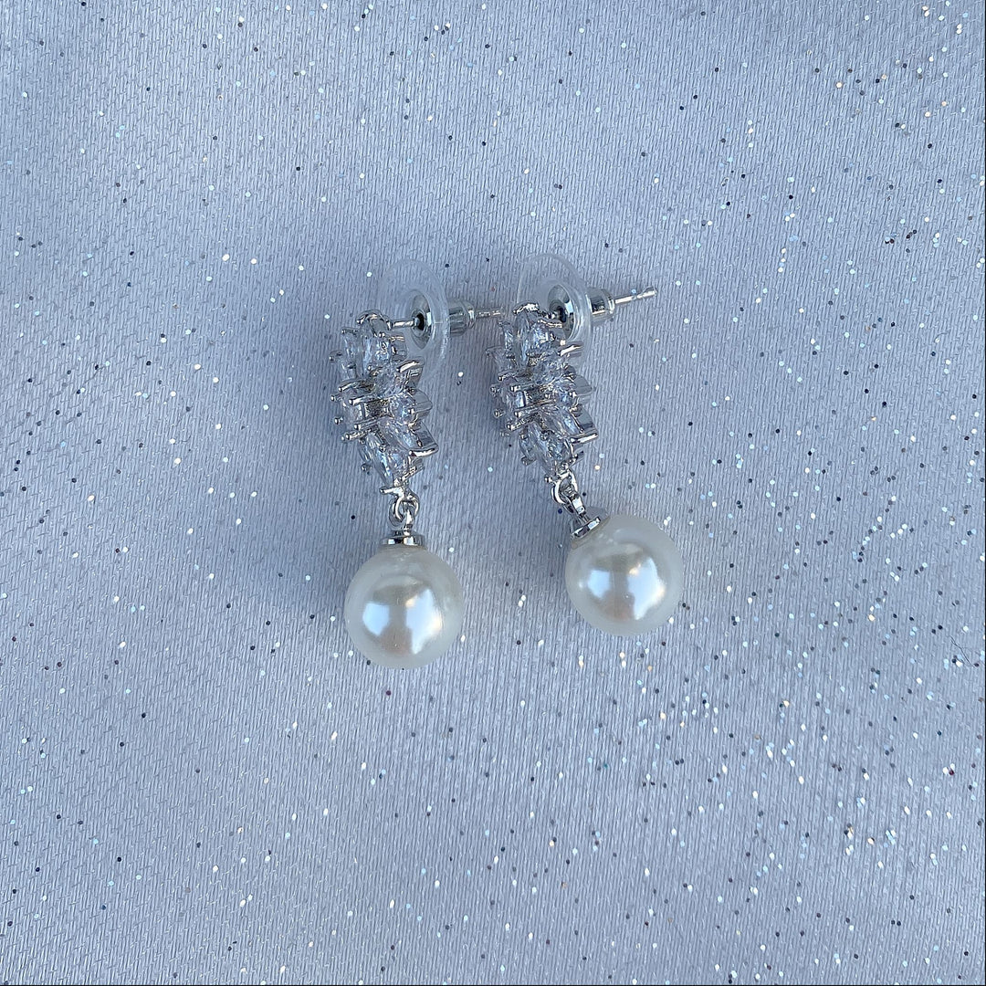 pearl drop earrings silver floral stud