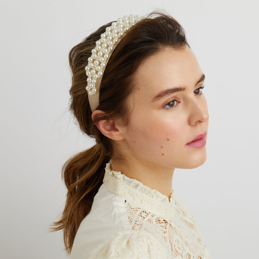 pearl headband for wedding guest with ponytail