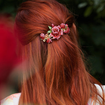 red flower hair clip half up half down