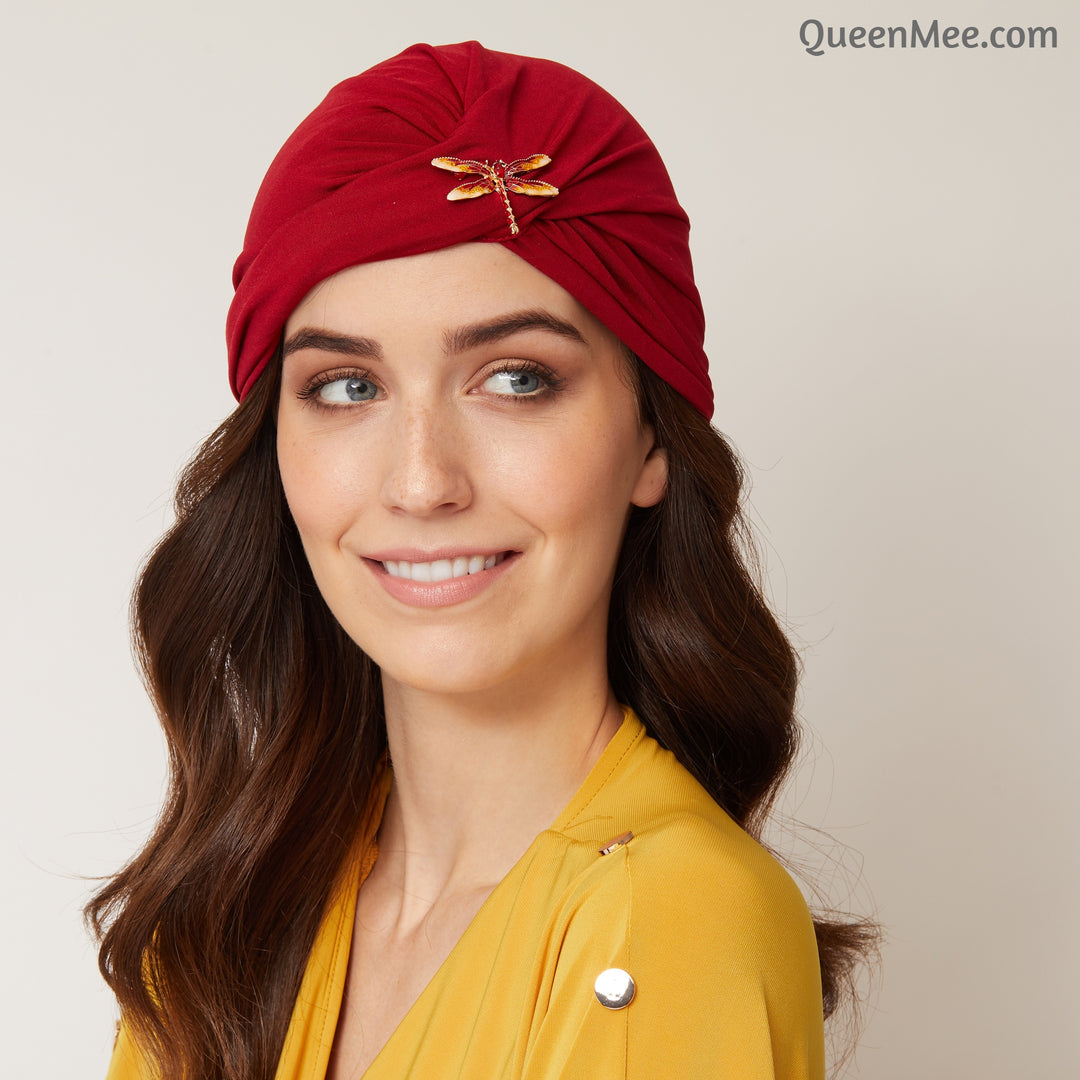 Red Turban Hat Headwrap with Dragonfly Brooch Red Headwrap