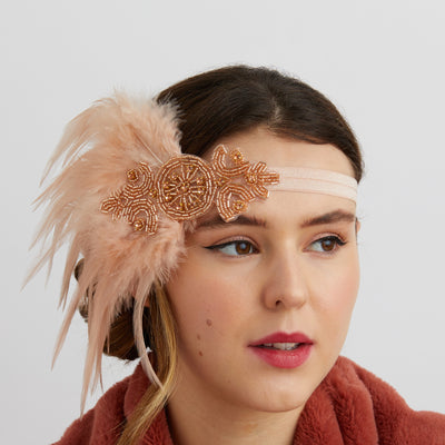 rose gold flapper headband with feathers hair up