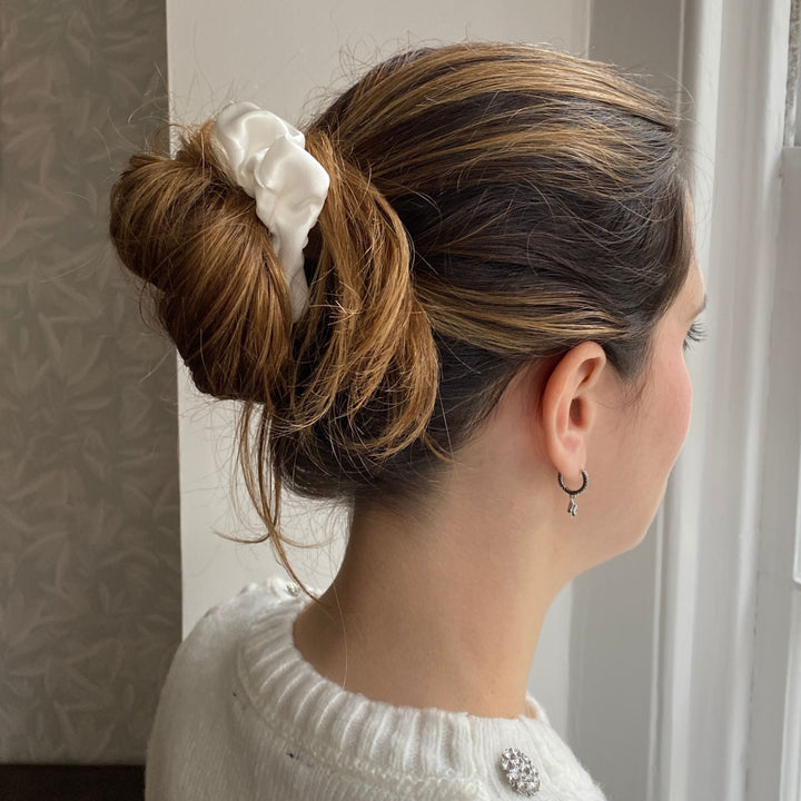 silk scrunchie in white messy bun