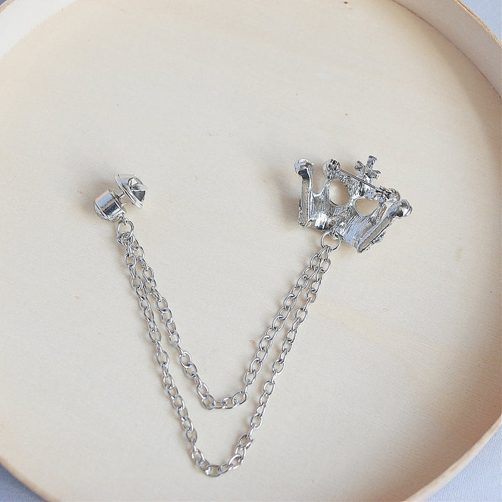 silver crown brooch with chain back