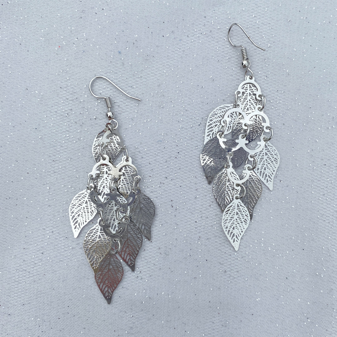 silver dangly earrings boho earrings leaf design drop