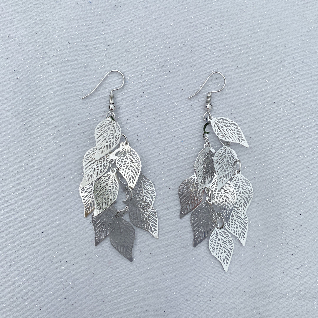 silver dangly earrings boho earrings leaves