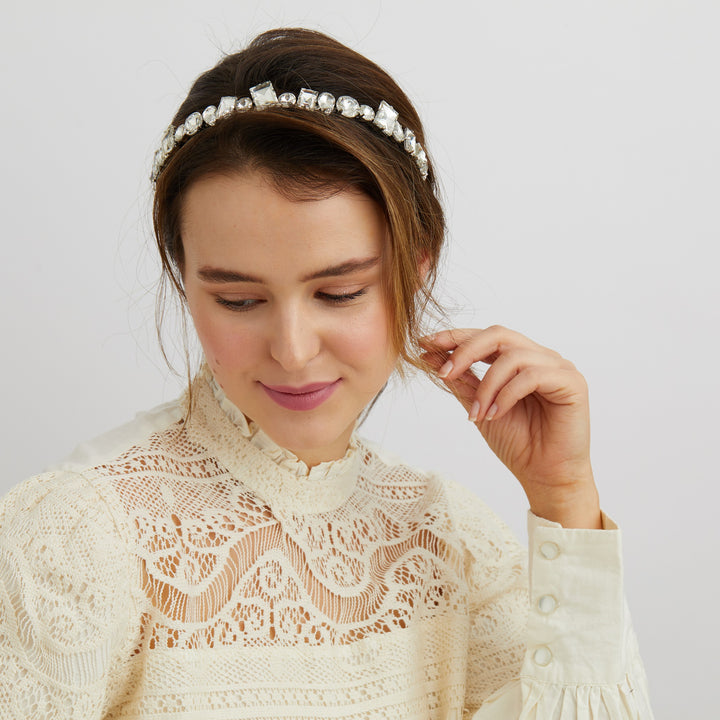 silver headband with crystal styled for bride