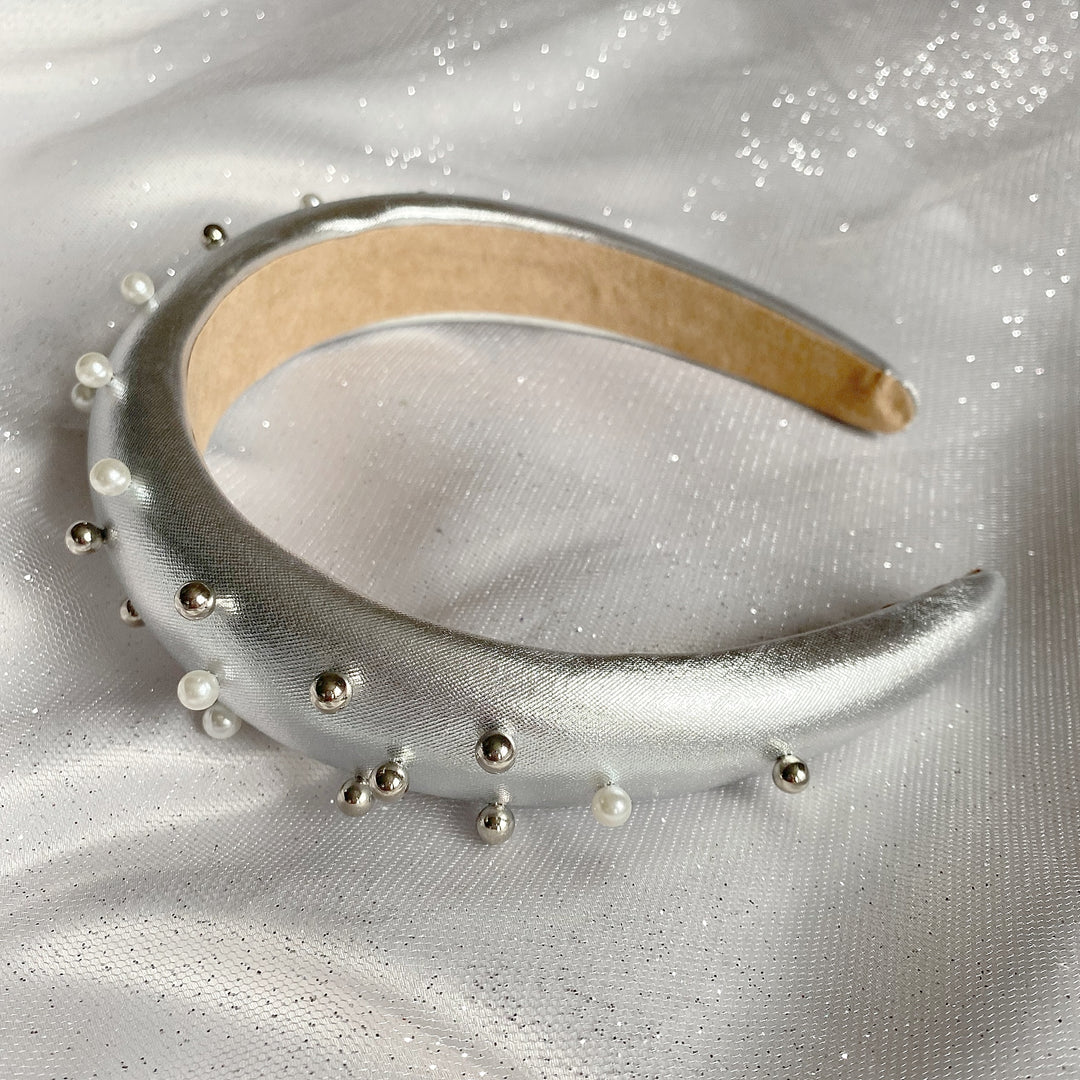 silver padded headband with pearls alice band