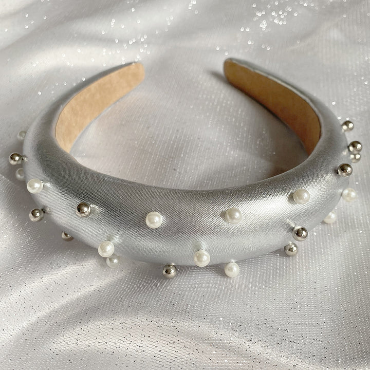 silver padded headband with pearls