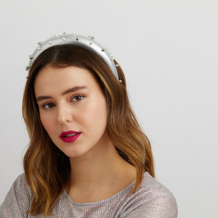 silver padded headband with pearls