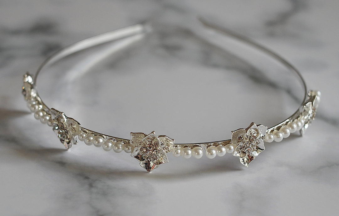 silver pearl headband with crystal