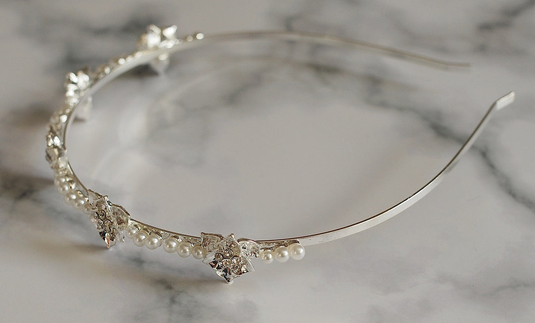 silver pearl headband floral side