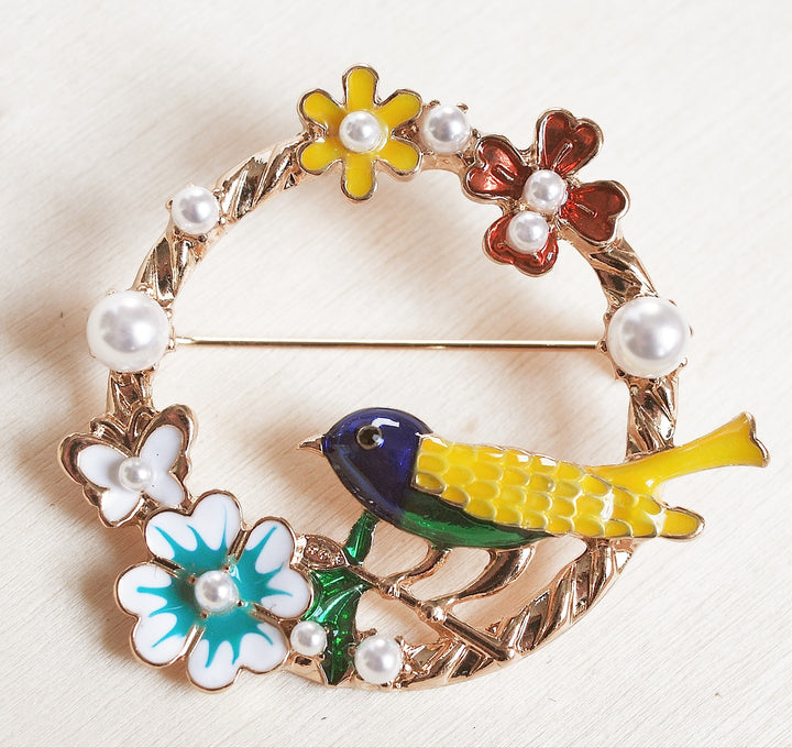 vintage brooch with bird in enamel and pearl