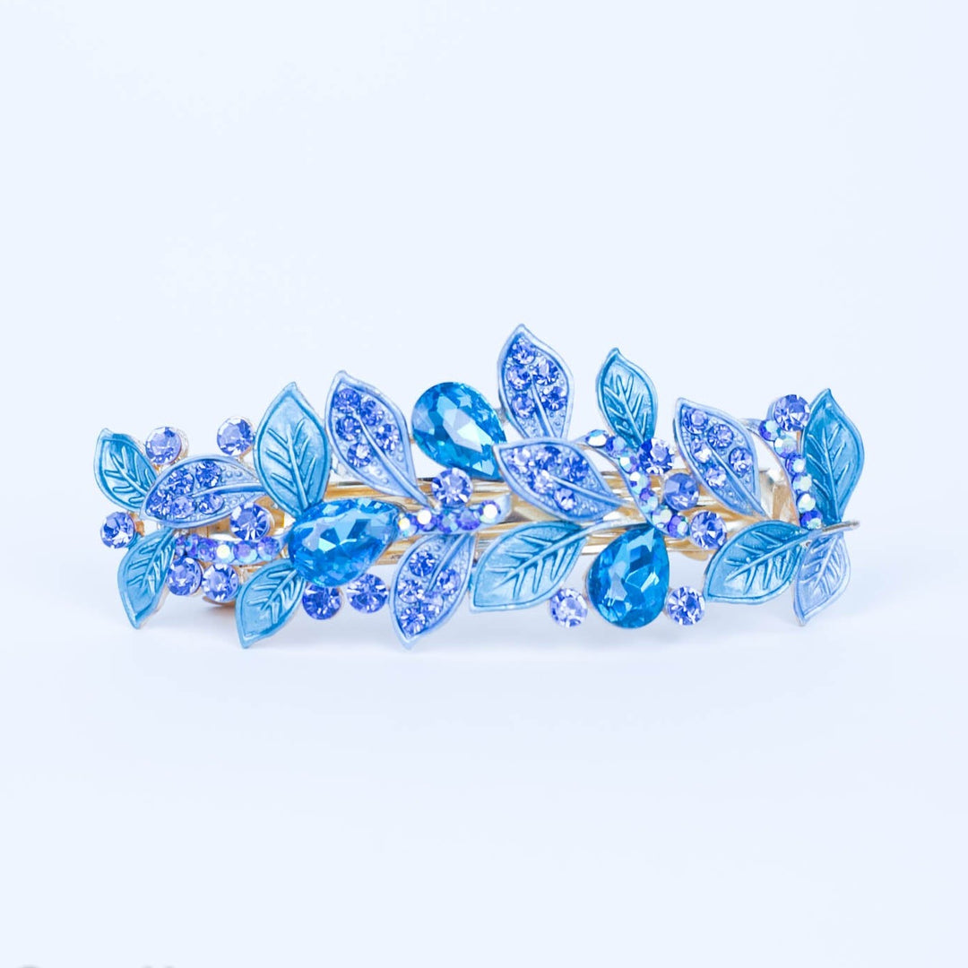 vintage hair clip leaf in blue rhinestone