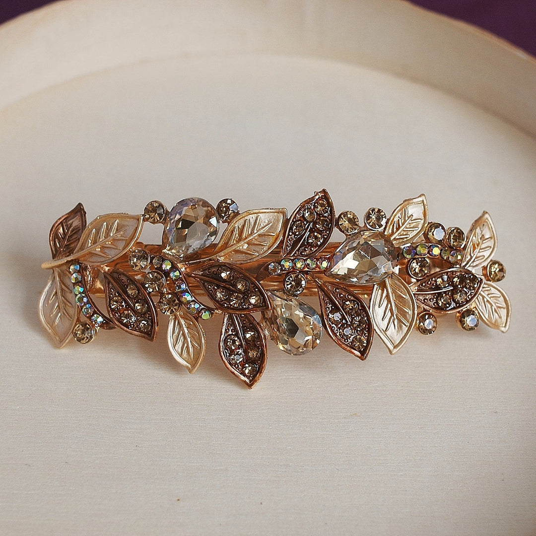 vintage hair clip leaf in gold rhinestone