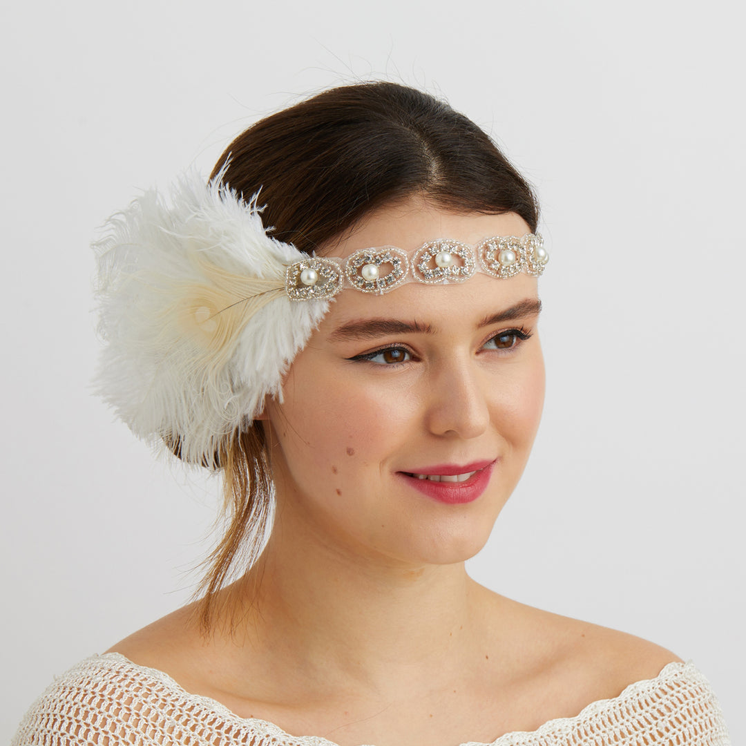 white gatsby headpiece hair up