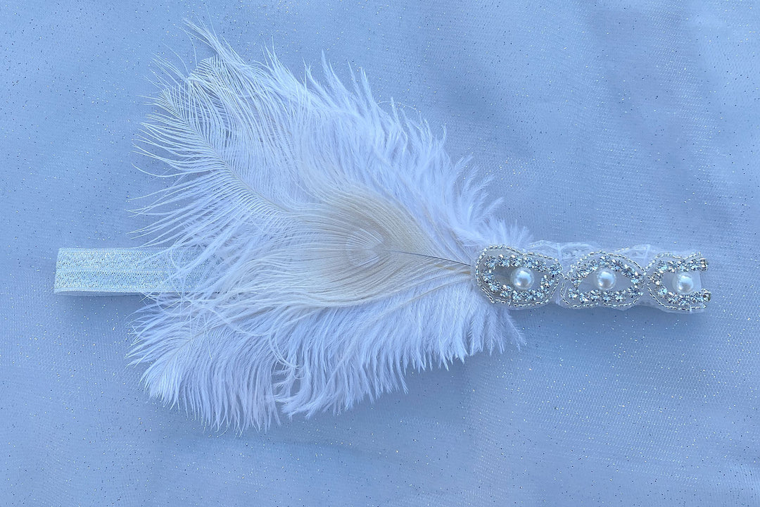 white gatsby headpiece pearls feather