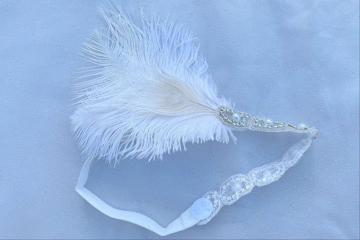 white gatsby headpiece with pearls elastic