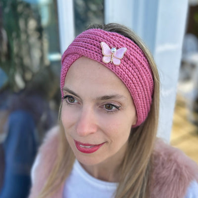 winter headband pink earwarmer headband butterfly brooch