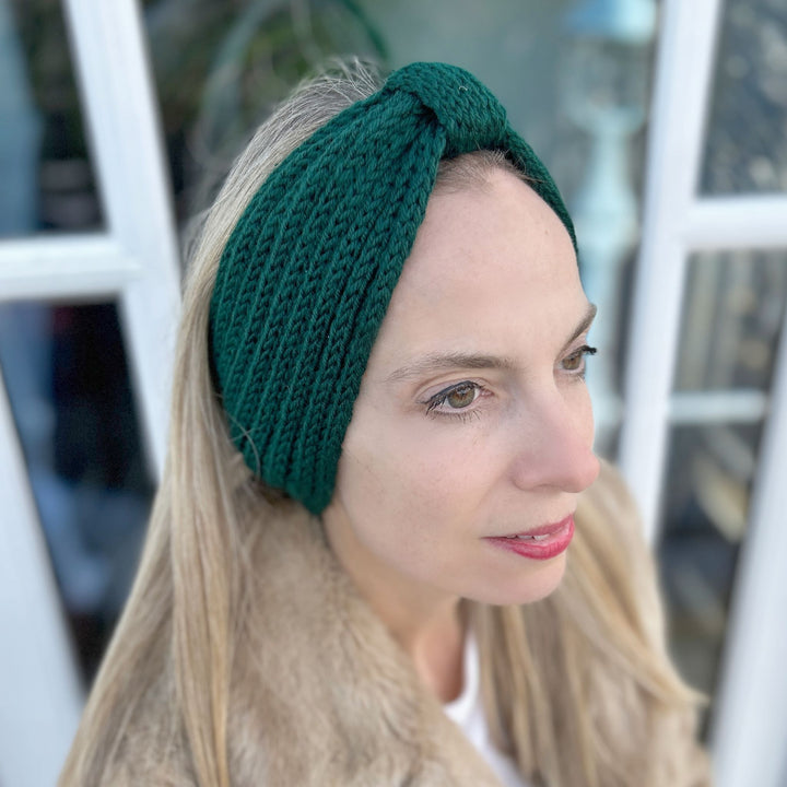 Winter headband, green ski headband, knitted knot hair accessory
